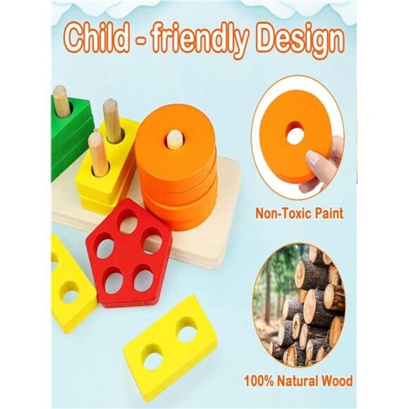 Wooden Geometric Shape Puzzles Blocks, Montessori Early Education Learning Toys - Picture 3 of 9